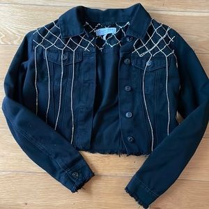 Cropped Black Denim Jean Jacket with Rhinestone Detail